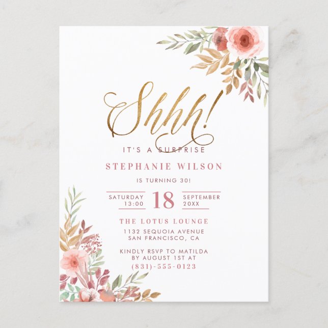 Shh! It's A Surprise | Chic Script Birthday Party Invitation Postcard (Front)