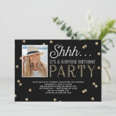 Shh Surprise Bday Party Glitter Photo Invitation (Standing Front)