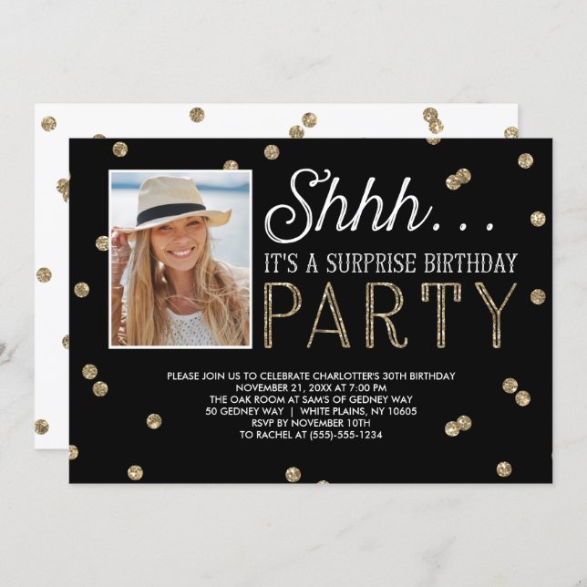 Shh Surprise Bday Party Glitter Photo Invitation (Front/Back)