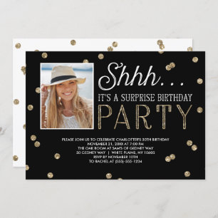 Shh Surprise Bday Party Glitter Photo Invitation