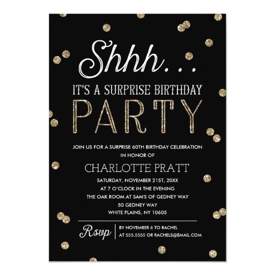 Shh Surprise Birthday Party Faux Glitter Confetti Card
