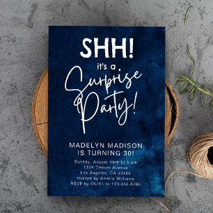 SHH! Surprise Birthday Party Navy Blue Watercolor Invitation