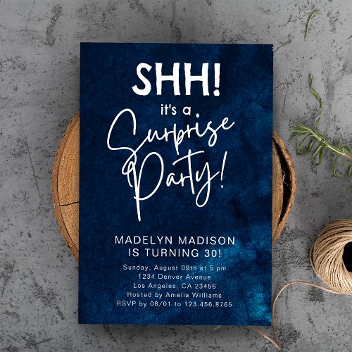SHH Surprise Birthday Party Navy Blue Watercolor  Invitation