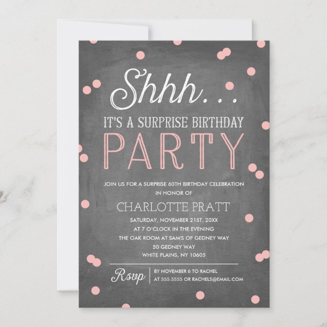 Shh Surprise Birthday Party Pink and Chalkboard Invitation (Front)