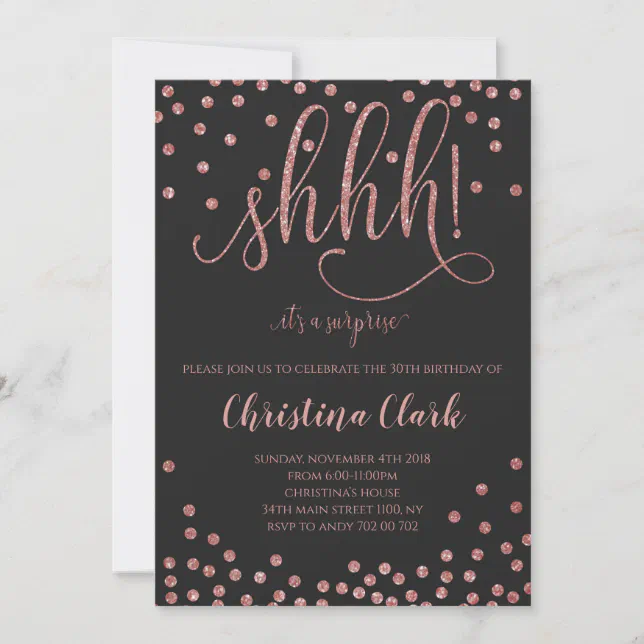 Shh Surprise Birthday Party Rose Gold Confetti Invitation | Zazzle