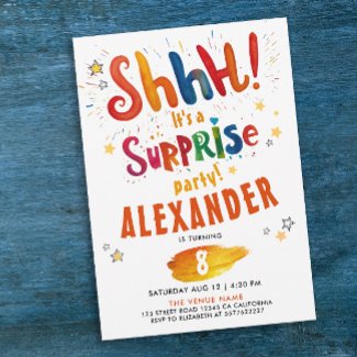 Shh Surprise Fun Colorful Birthday Watercolor