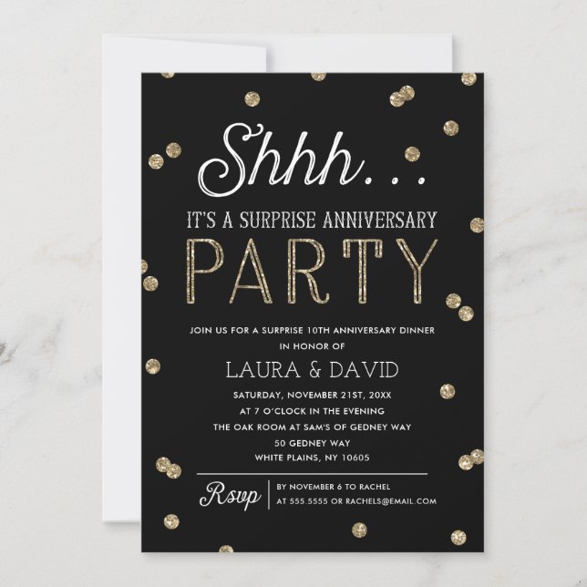 Shh Surprise Glitter Confetti Anniversary Party Invitation (Front)