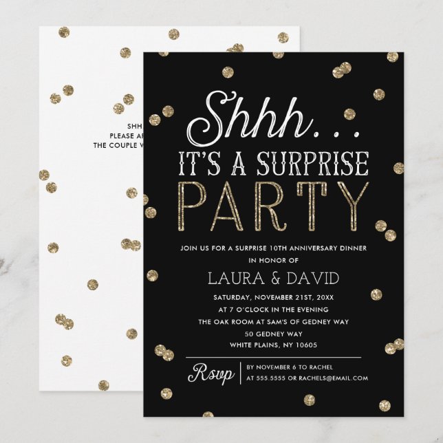 Shh Surprise Party Faux Gold Glitter Confetti Invitation (Front/Back)