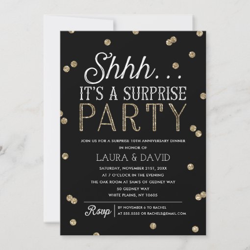 Shh Surprise Party Faux Gold Glitter Confetti Invitation | Zazzle