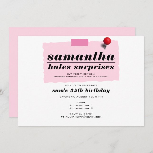 Shhh! Hates Surprises Modern Funny Birthday Party Invitation (Front/Back)