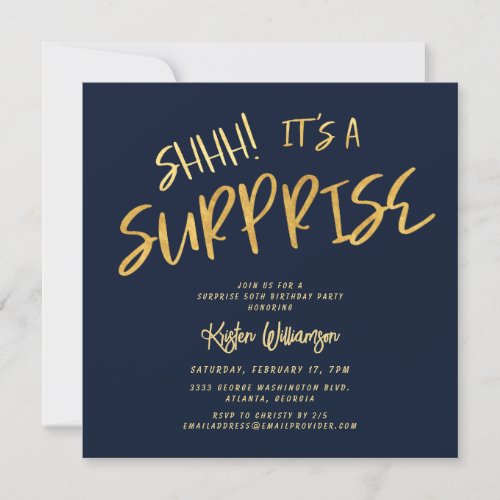 Shhh Its a Surprise 50th Birthday Gold Blue Invitation