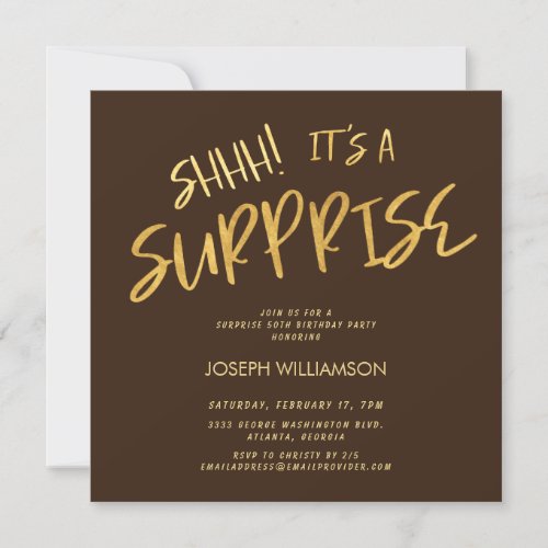 Shhh Its a Surprise 50th Birthday Gold Brown Invitation