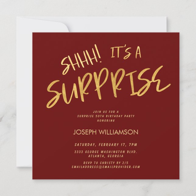 Shhh! It's a Surprise 50th Birthday Gold Burgundy Invitation (Front)