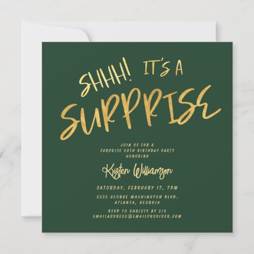 Shhh Its a Surprise 50th Birthday Gold Green Invitation