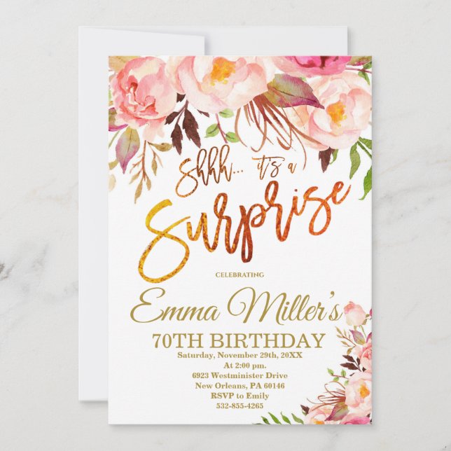 Shhh it's a Surprise Birthday Invite, Boho Roses  Invitation (Front)
