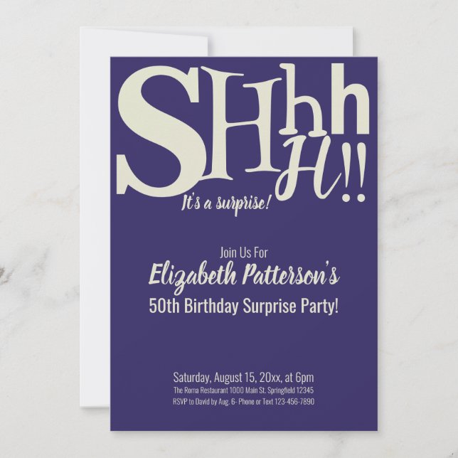 Shhh It's a Surprise Birthday Party Adult Blue Invitation (Front)