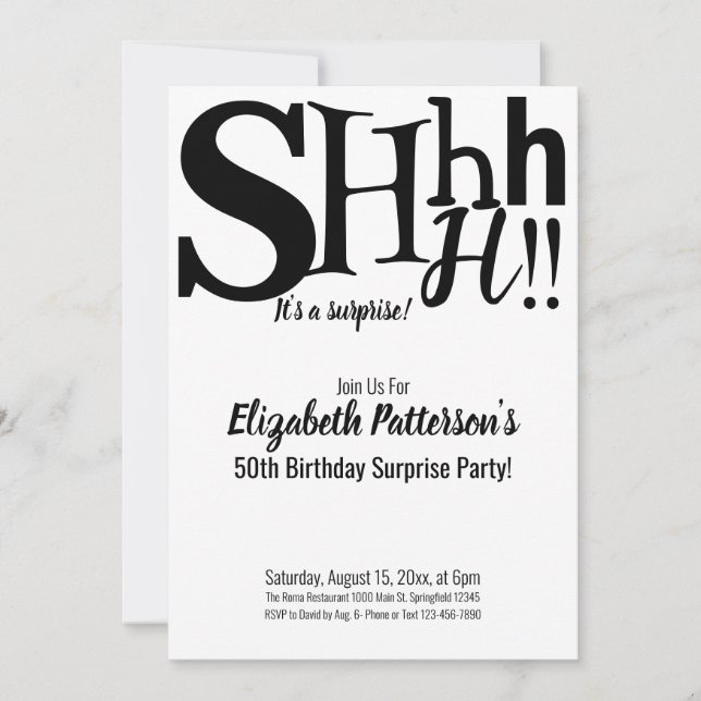 Shhh It's a Surprise Birthday Party Adult  Invitation (Front)
