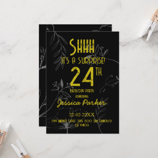 Shhh It's a Surprise Black and Gold Birthday Invitation
