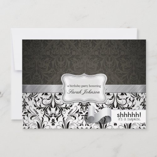 Shhh!  It's a surprise.  Black and White Damask Custom Invites