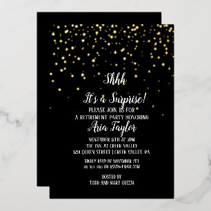 Shhh It's a Surprise Confetti Black Party Gold Foil Invitation