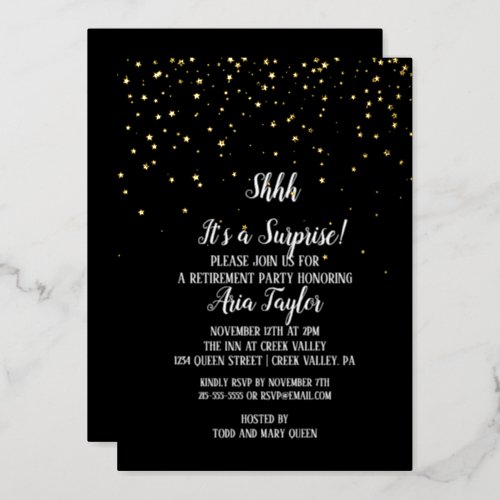 Shhh Its a Surprise ConfettiBlack Party Gold Foil Invitation