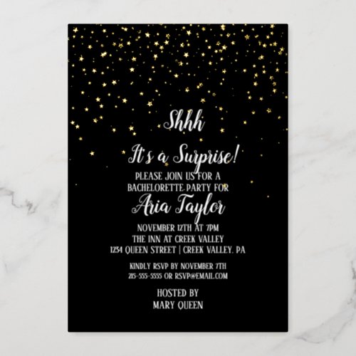 Shhh Its a Surprise Confetti on Black Party Gold Foil Invitation