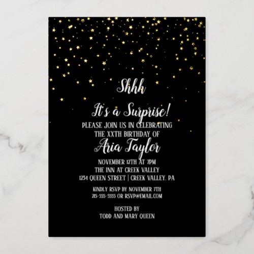 Shhh Its a Surprise Confetti on Black Party Gold  Foil Invitation