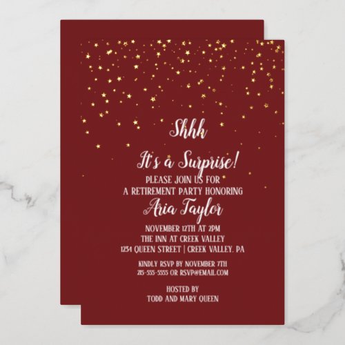 Shhh Its a Surprise Confetti on Burgundy Gold Foil Invitation