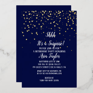 Shhh It's a Surprise Confetti on Navy Blue Gold Foil Invitation