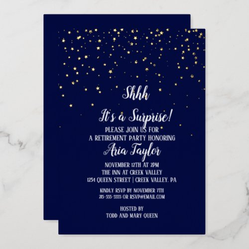 Shhh Its a Surprise Confetti on Navy Blue Gold Foil Invitation