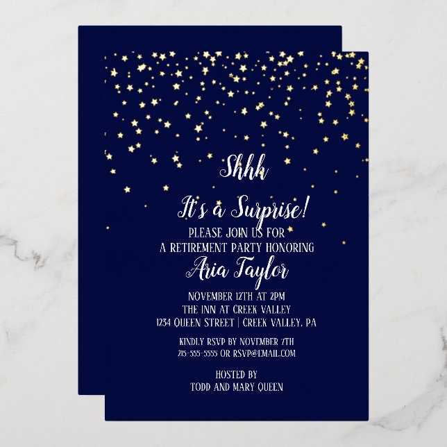 Shhh It's a Surprise Confetti on Navy Blue Gold Foil Invitation (Front/Back)