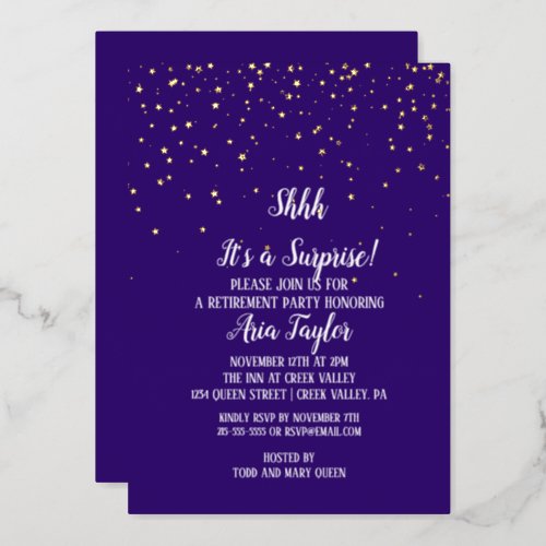 Shhh Its a Surprise Confetti on Purple Party Gold Foil Invitation