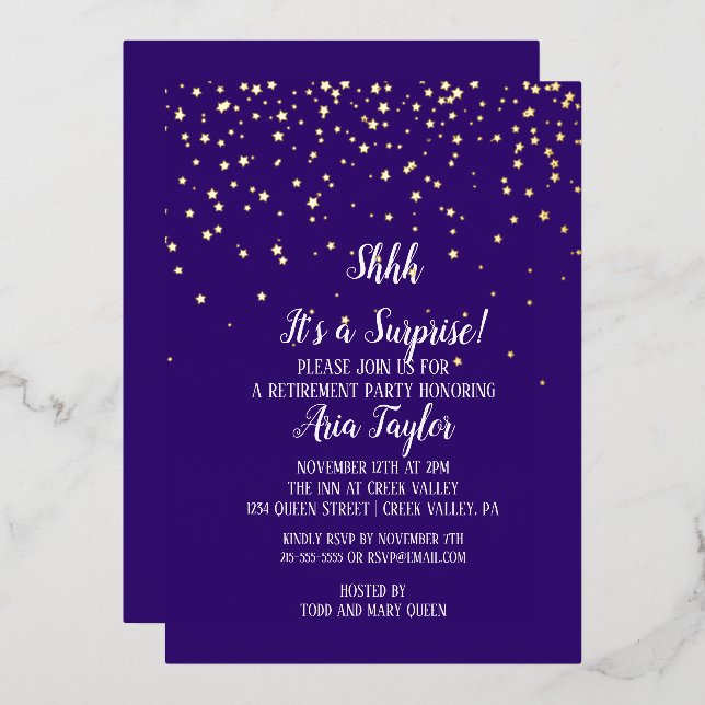 Shhh It's a Surprise Confetti on Purple Party Gold Foil Invitation (Front/Back)
