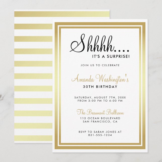 Shhh... I'ts A Surprise! Elegant Gold Birthday Invitation (Front/Back)