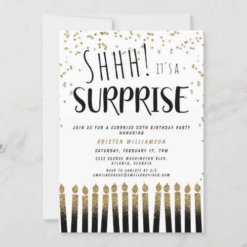 Shhh Its a Surprise Gold 50th Birthday Candle  Invitation