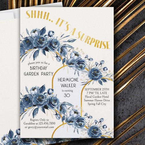 Shhh Its a Surprise Gold Arch Blue Rose Birthday  Invitation