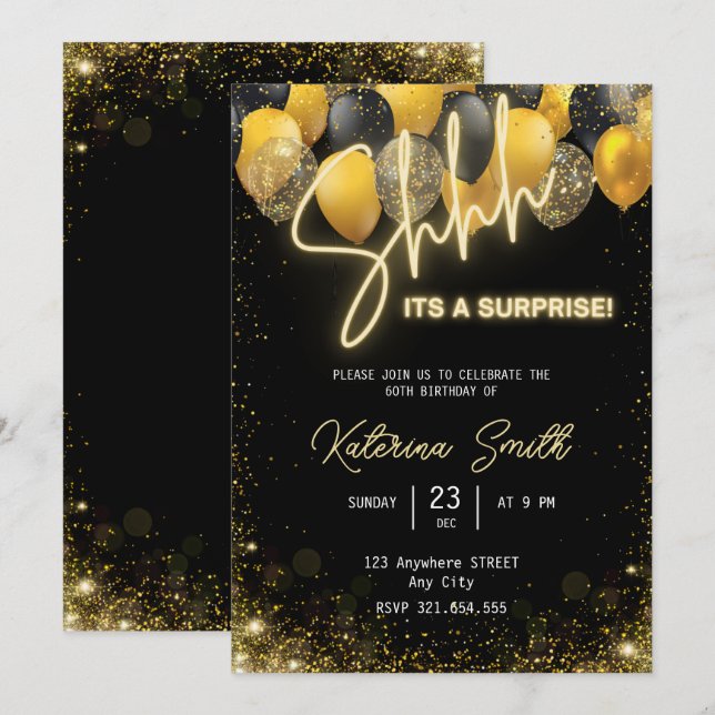 Shhh its a surprise Gold Black Birthday Invitation (Front/Back)