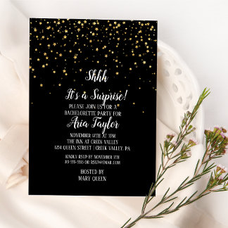 Shhh It's a Surprise Gold Confetti on Black Party Invitation