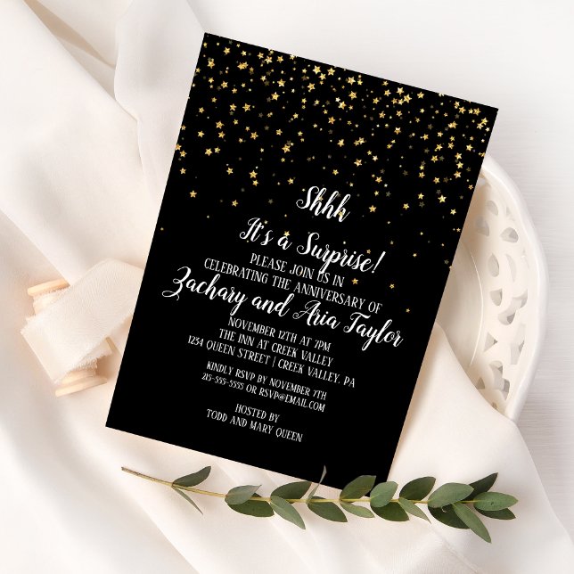 Shhh It's a Surprise Gold Confetti on Black Party Invitation (Creator Uploaded)