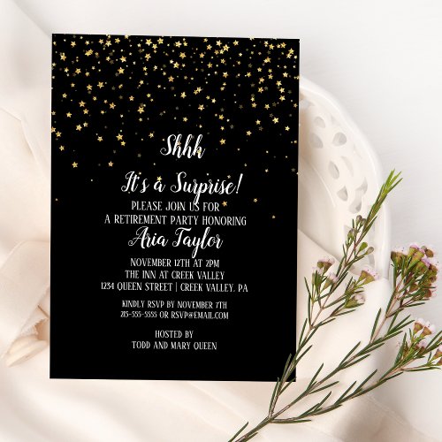 Shhh Its a Surprise Gold Confetti on Black Party Invitation