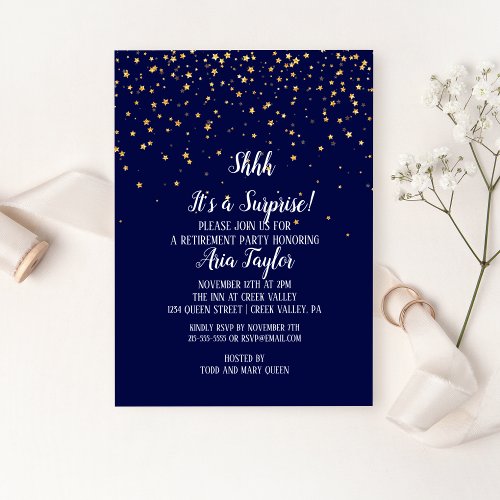 Shhh Its a Surprise Gold Confetti on Navy Blue Invitation