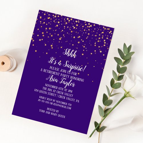 Shhh Its a Surprise Gold Confetti on Purple Party Invitation