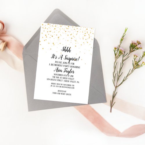 Shhh Its a Surprise Gold Confetti Retirement Invitation