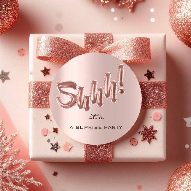 Shhh! It's Surprise Birthday Party Balloons Rose Classic Round Sticker (Black Gold Minimal Name Luxury Branding Drips Large Gift Bag)