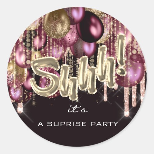 Shhh Its Surprise Party Balloons Rose Gold Black Classic Round Sticker