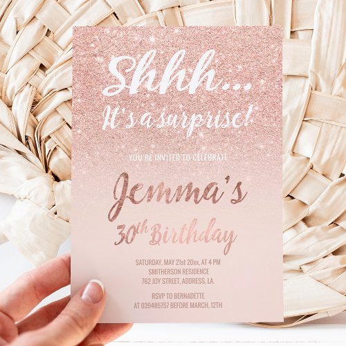 Shhh rose gold glitter blush 30th Birthday Invitation