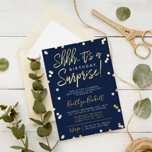Shhh... Surprise Birthday Party Confetti & Real Foil Invitation