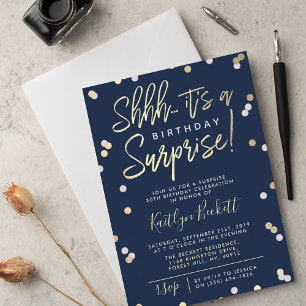 Shhh... Surprise Birthday Party Gold Foil Confetti Invitation