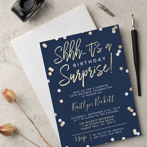 Shhh Surprise Birthday Party Gold Foil Confetti Invitation