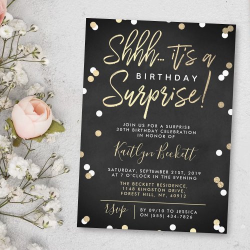 Shhh Surprise Birthday Party Gold Foil Confetti Invitation